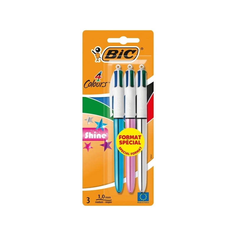 Stylo bille rétractable Bic 4 Couleurs Shine - Lot de 3 - Or/Blanc