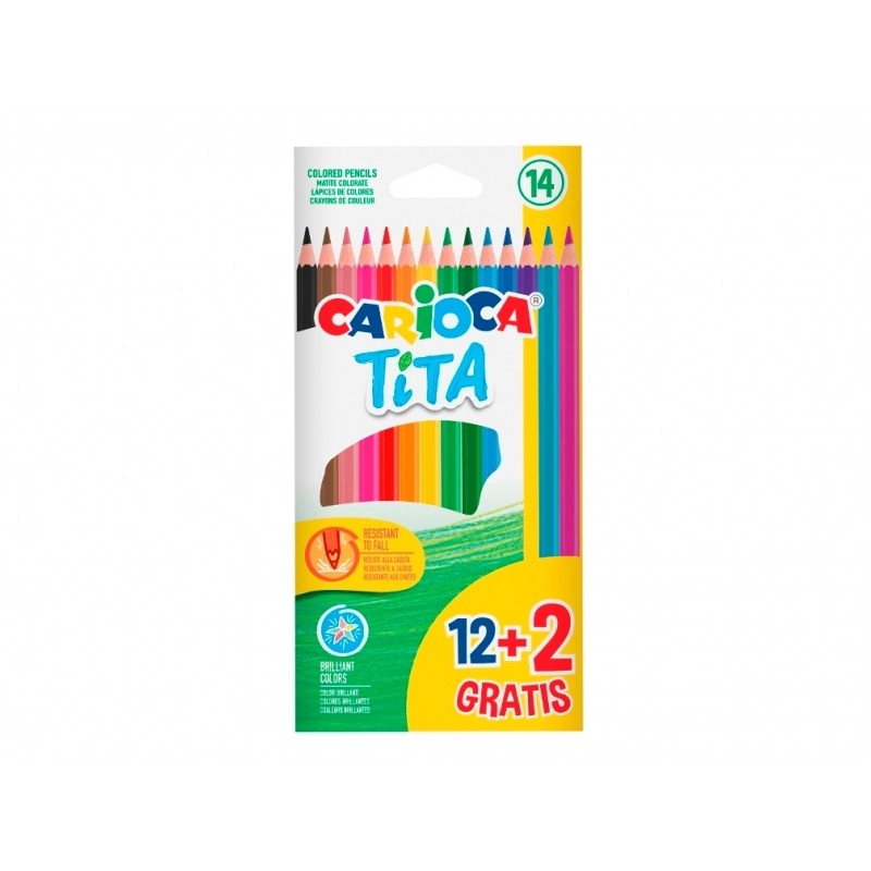 Carioca Tita Pack de 12 + 2 Crayons de Couleur - Mines Résistantes - Couleurs Assorties
