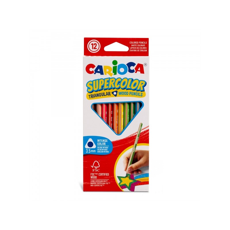 Carioca Supercolor Lot de 12 crayons en bois - Corps triangulaire - Couleurs intenses et grande opacité - Épaisseur 3,5 mm