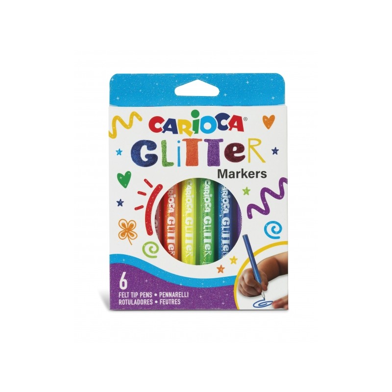 Carioca Glitter Boite de 6 Feutres - Pointe Ø 1mm - Encre Liquide à Base d'Eau - Pointe Haute Qualité - Effet Pailleté