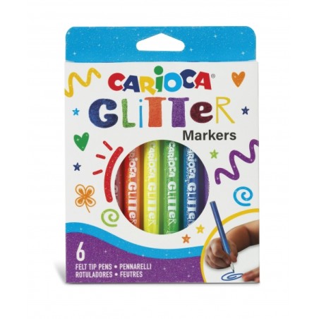 ✅ Carioca Glitter Boite de 6 Feutres - Pointe Ø 1mm - Encre Liquide à Base d'Eau - Pointe Haute Qualité - Eff en stock