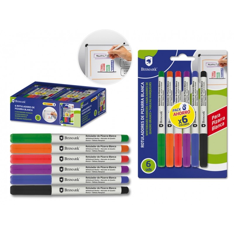 Marqueurs tableau blanc pointe fine Bismark x6 couleurs assorties