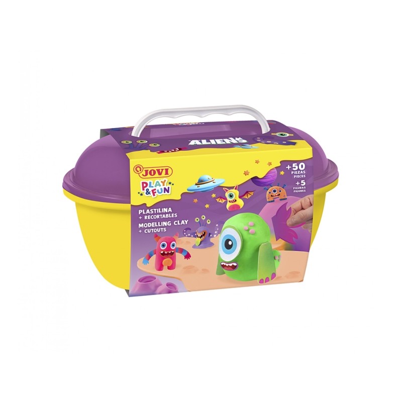 Coffre Aliens Play & Fun de Jovi avec 24 barres de pâte à modeler de 15 g + modeleurs + découpes - Sans gluten - Base végétale