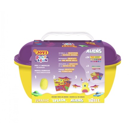 Coffre Aliens Play & Fun de Jovi avec 24 barres de pâte à modeler de 15 g + modeleurs + découpes - Sans gluten - Base végétale