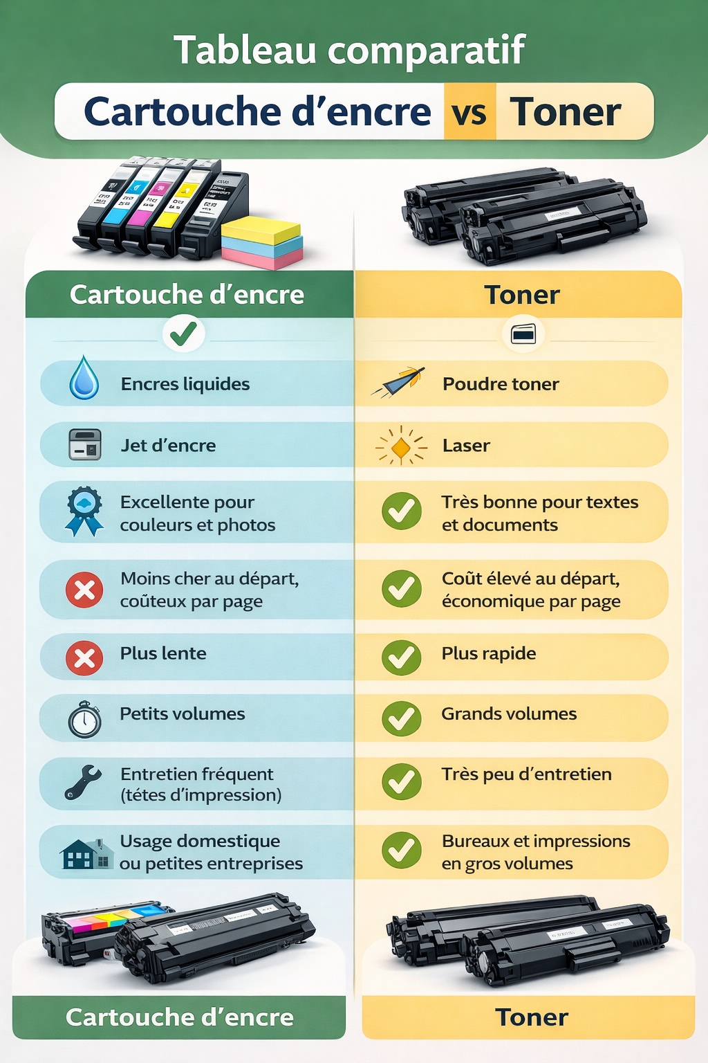 Tableau comparatif cartouche encre vs toner