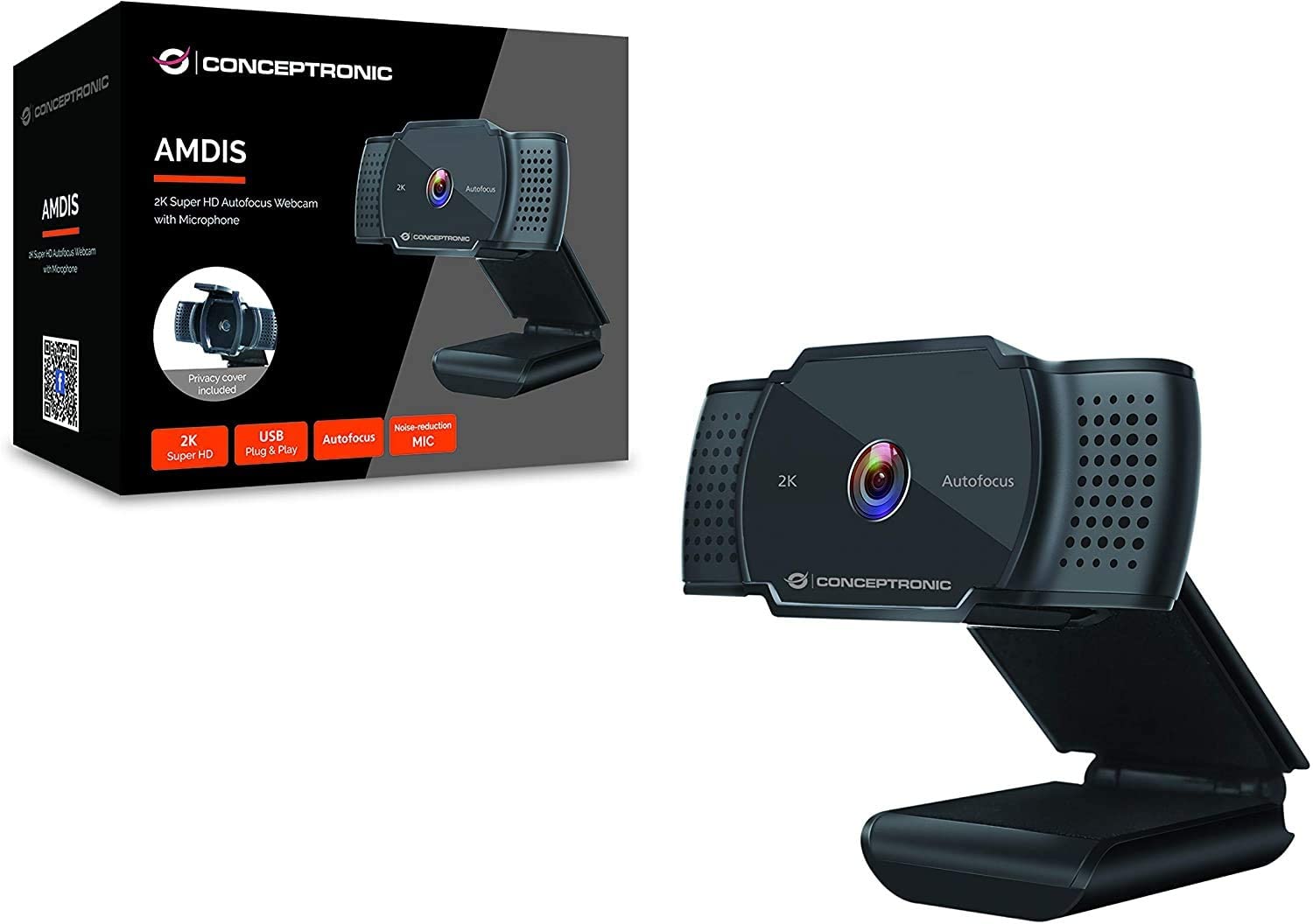 Webcam Conceptronic 2K Super HD USB 2.0 - Microphone intégré - Mise au point automatique - Cache de confidentialité