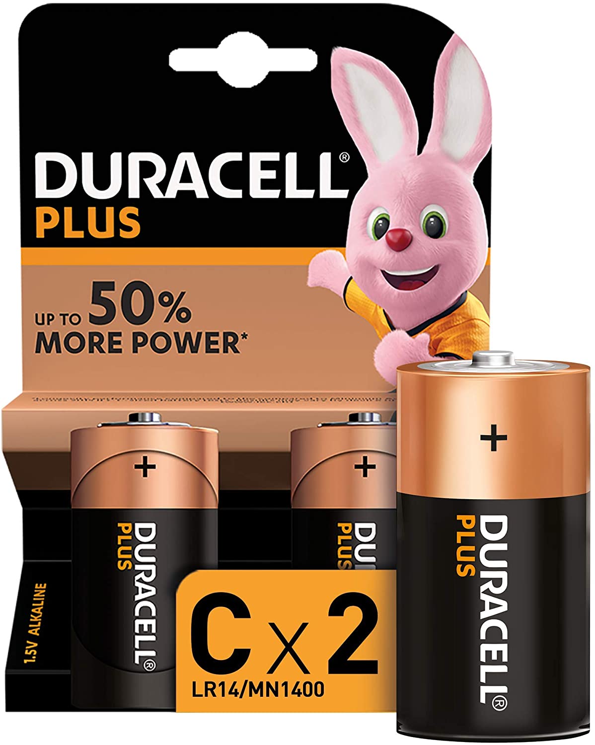 Piles alcalines Duracell C Plus LR14 1.5V - 2 Unités