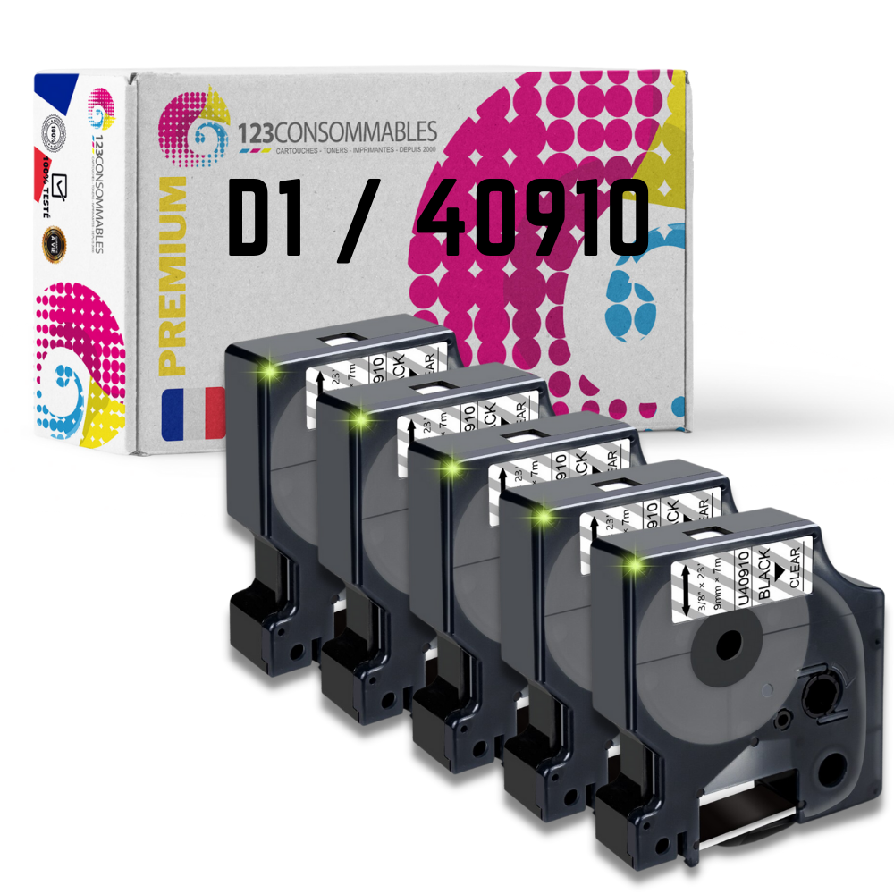 Pack de 5 Rubans compatible avec DYMO D1 40910 - Texte noir sur fond transparent - Largeur 9 mm x 7 mètres