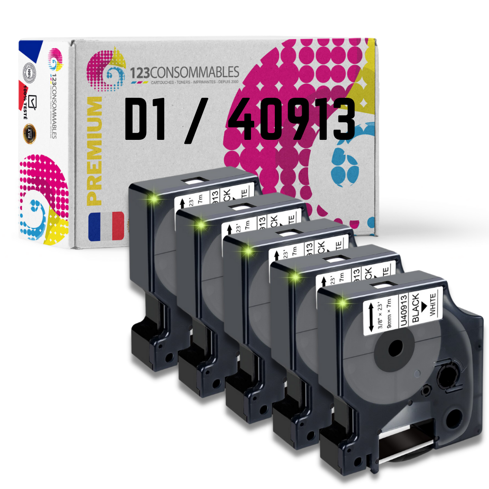 Pack de 5 Rubans compatible avec DYMO D1 40913 - Texte noir sur fond blanc - Largeur 9 mm x 7 mètres