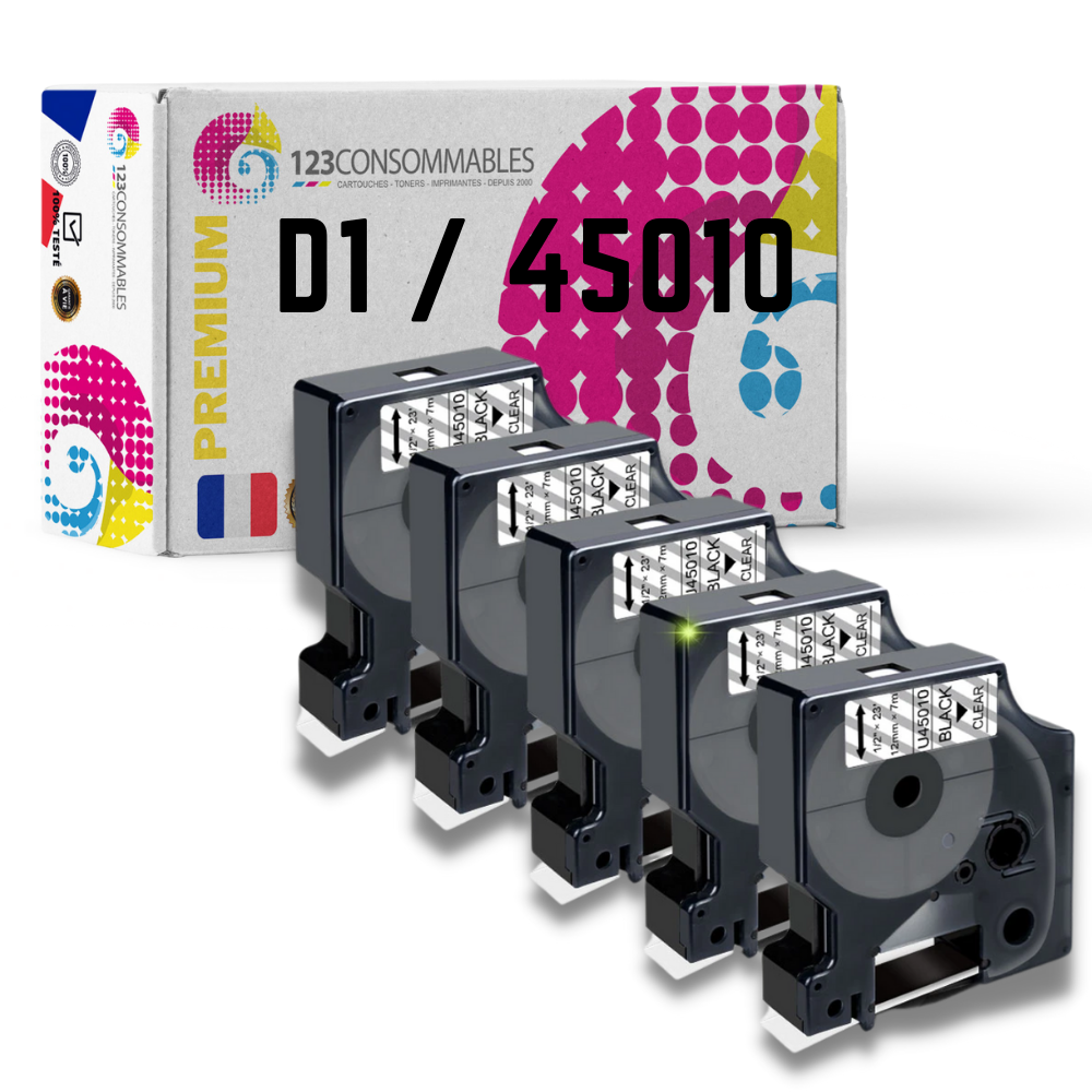 Pack de 5 Rubans compatible avec DYMO D1 45010 - Texte noir sur fond transparent - Largeur 12 mm x 7 mètres