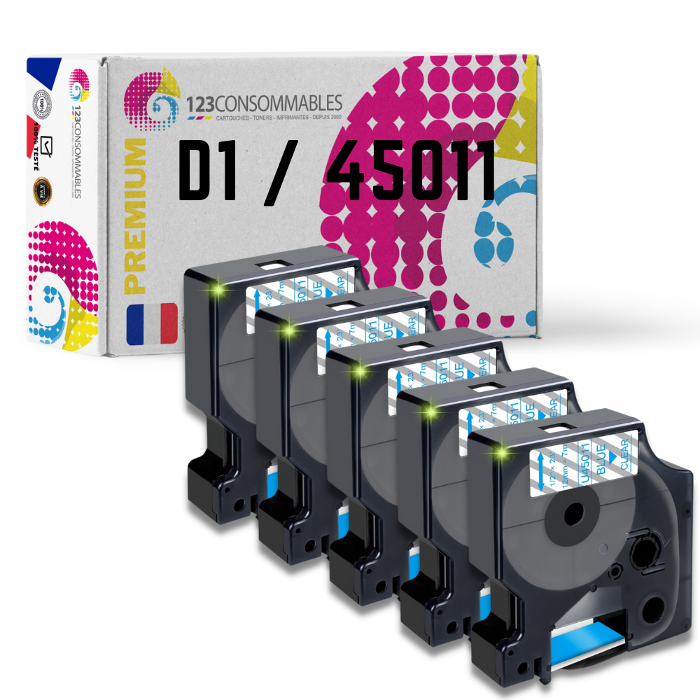 Pack de 5 Rubans compatible avec DYMO D1 45011 - Texte bleu sur fond transparent - Largeur 12 mm x 7 mètres