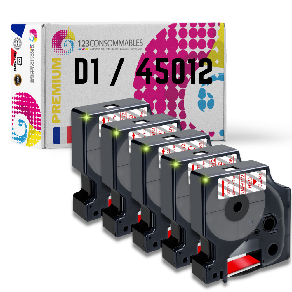 Pack de 5 Rubans compatible avec DYMO D1 45012 - Texte rouge sur fond transparent - Largeur 12 mm x 7 mètres