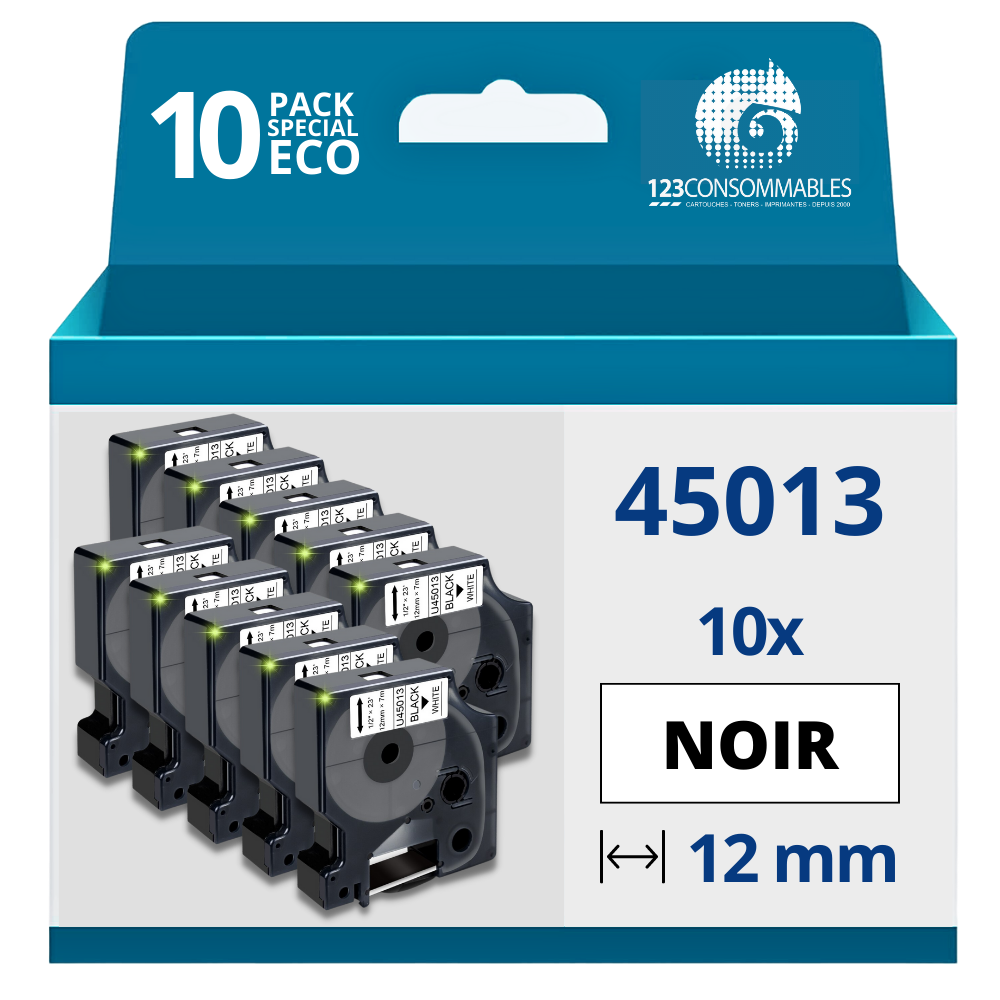 Pack de 10 Rubans compatible avec DYMO D1 45013 - Texte noir sur fond blanc - Largeur 12 mm x 7 mètres