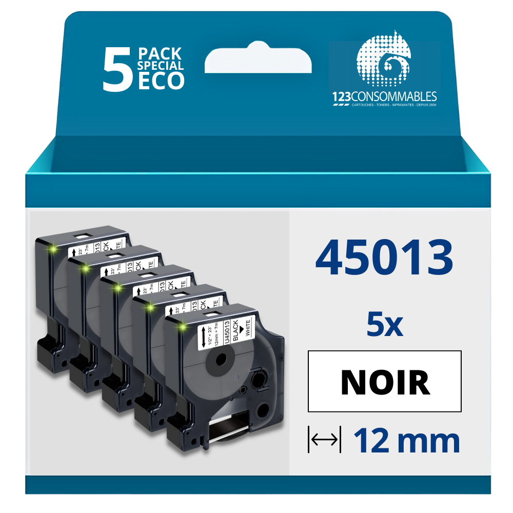 Pack de 5 Rubans compatible avec DYMO D1 45013 - Texte noir sur fond blanc - Largeur 12 mm x 7 mètres