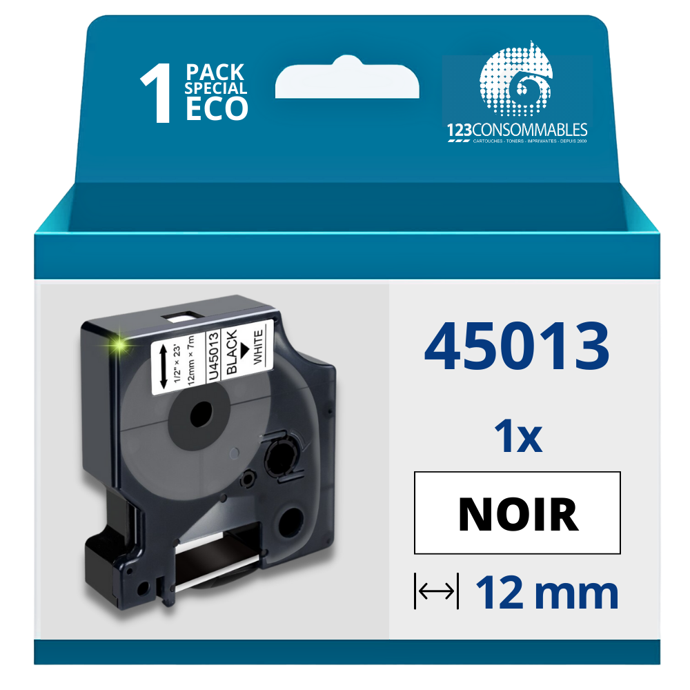 Ruban compatible avec DYMO D1 45013 - Texte noir sur fond blanc - Largeur 12 mm x 7 mètres