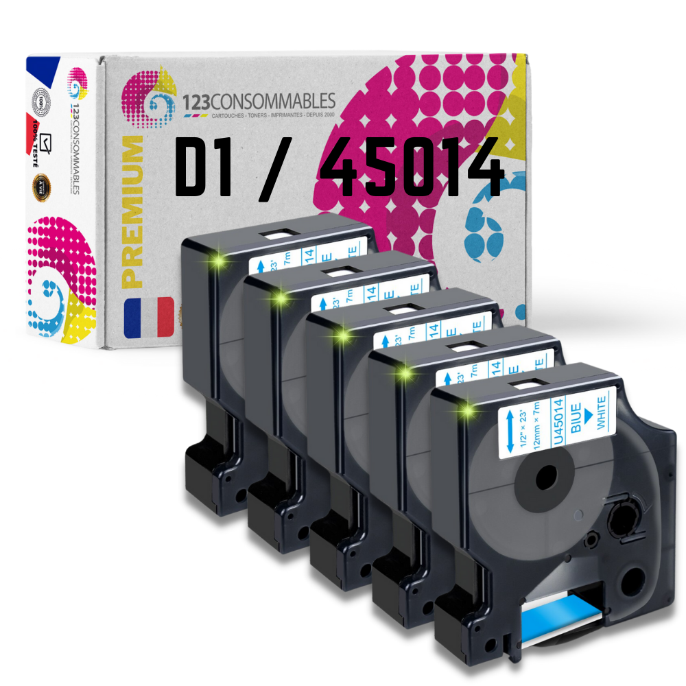 Pack de 5 Rubans compatible avec DYMO D1 45014 - Texte bleu sur fond blanc - Largeur 12 mm x 7 mètres