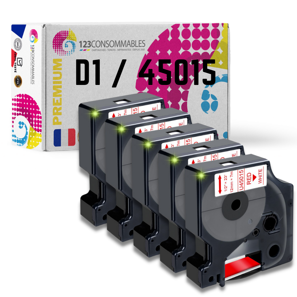 Pack de 5 Rubans compatible avec DYMO D1 45015 - Texte rouge sur fond blanc - Largeur 12 mm x 7 mètres