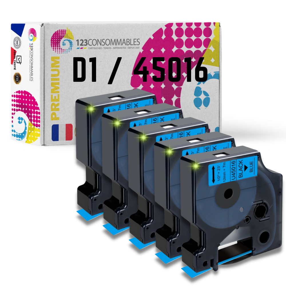 Pack de 5 Rubans compatible avec DYMO D1 45016 - Texte noir sur fond bleu - Largeur 12 mm x 7 mètres