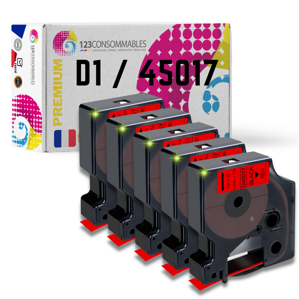 Pack de 5 Rubans compatible avec DYMO D1 45017 - Texte noir sur fond rouge - Largeur 12 mm x 7 mètres