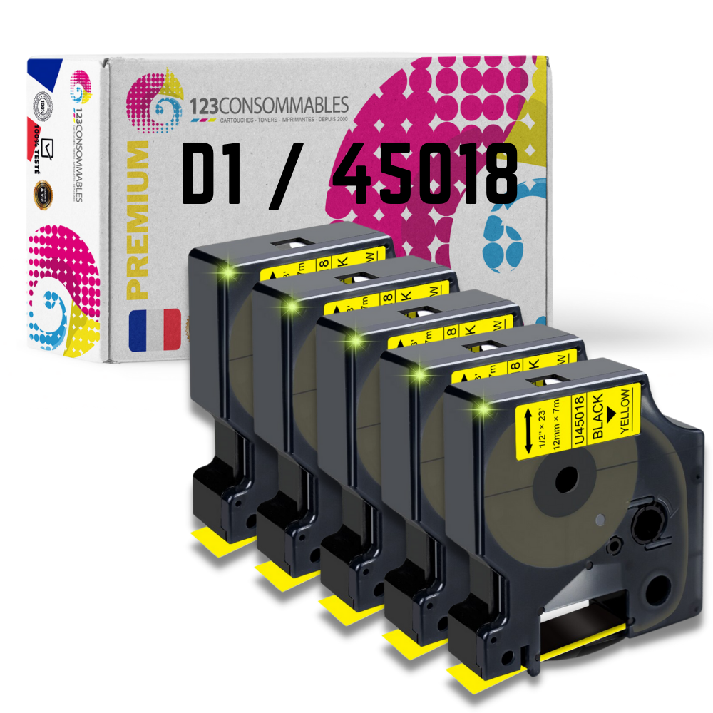 Pack de 5 Rubans compatible avec DYMO D1 45018 - Texte noir sur fond jaune - Largeur 12 mm x 7 mètres