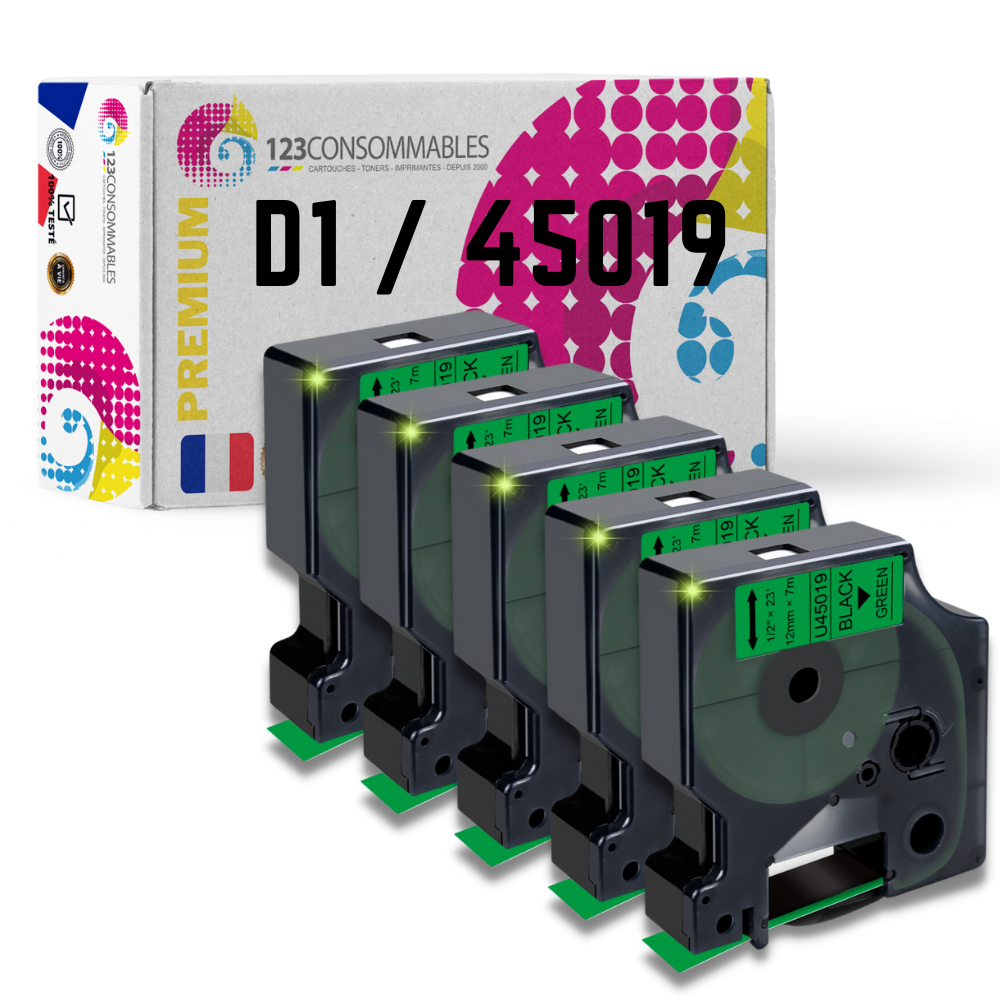 Pack de 5 Rubans compatible avec DYMO D1 45019 - Texte noir sur fond vert - Largeur 12 mm x 7 mètres