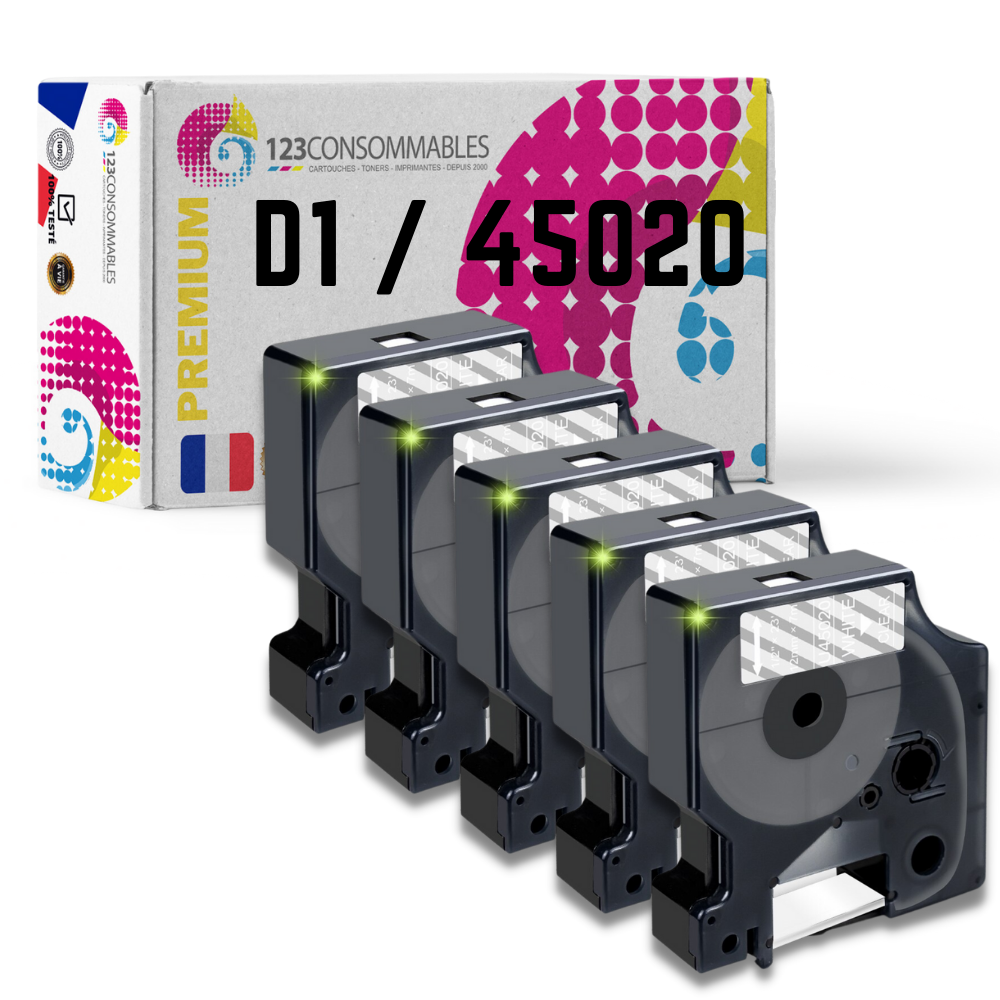 Pack de 5 Rubans compatible avec DYMO D1 45020 - Texte blanc sur fond transparent - Largeur 12 mm x 7 mètres