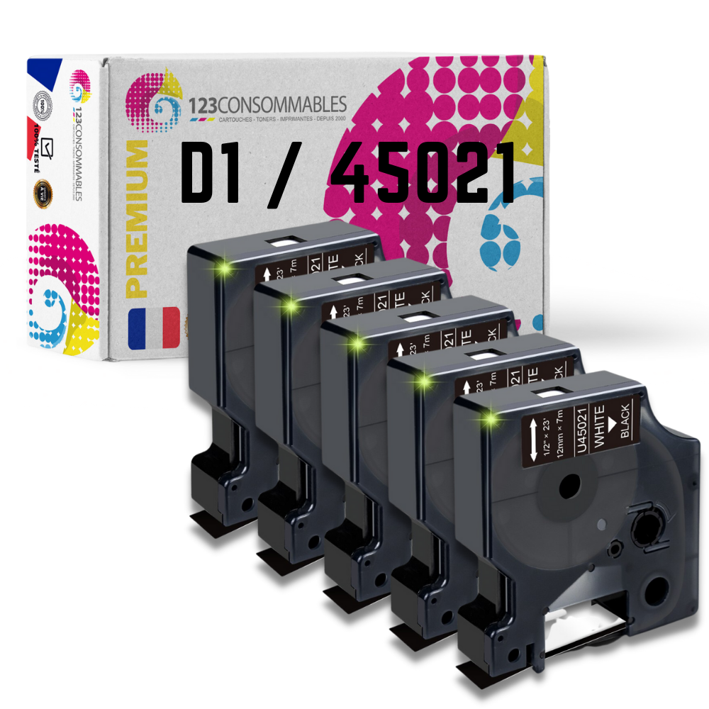 Pack de 5 Rubans compatible avec DYMO D1 45021 - Texte blanc sur fond noir - Largeur 12 mm x 7 mètres