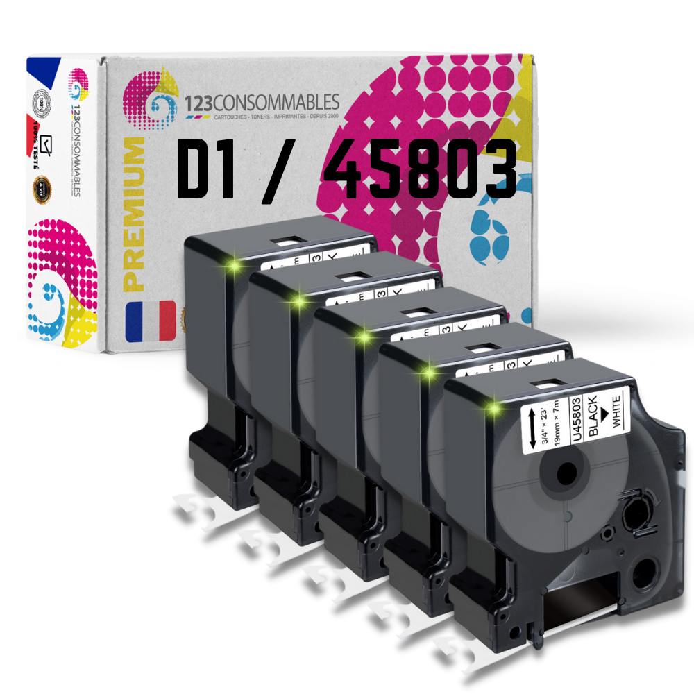 Pack de 5 Rubans compatible avec DYMO D1 45803 - Texte noir sur fond blanc - Largeur 19 mm x 7 mètres