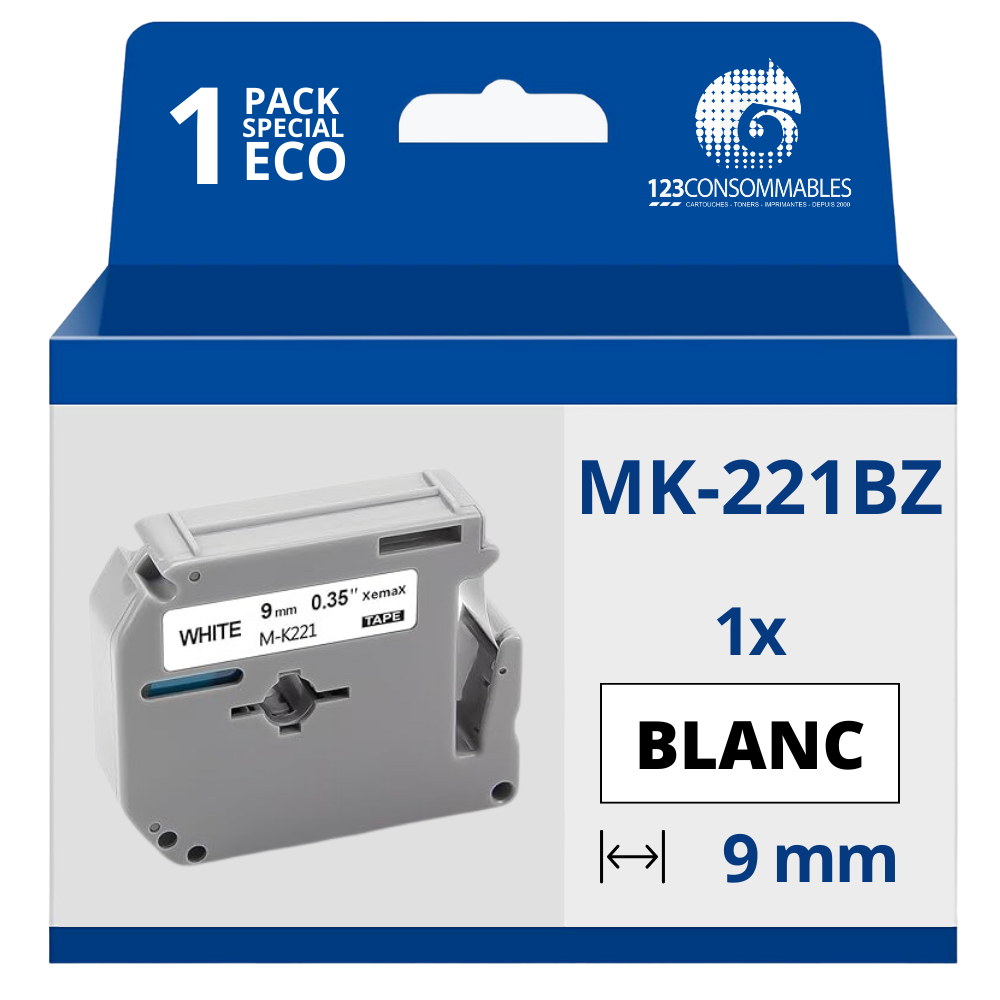 Ruban compatible Brother MK221BZ non laminé - Texte noir sur fond blanc