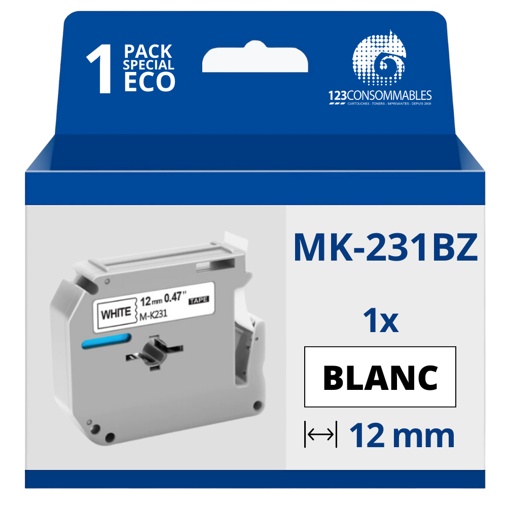 Ruban compatible Brother MK-231BZ non laminé - Texte noir sur fond blanc - Largeur 12 mm x 4 mètres