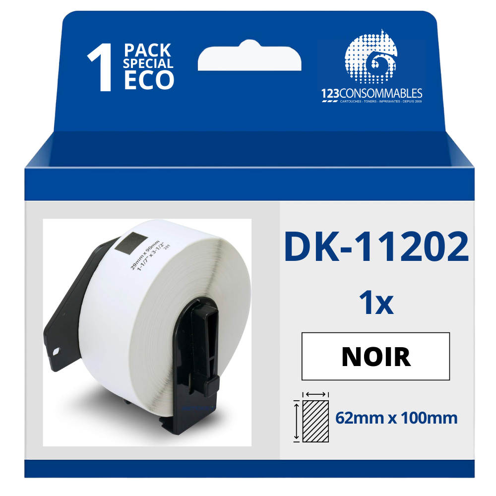 Étiquettes compatibles Brother DK11202 - 62x100 mm - 300 unités - Texte noir sur fond blanc