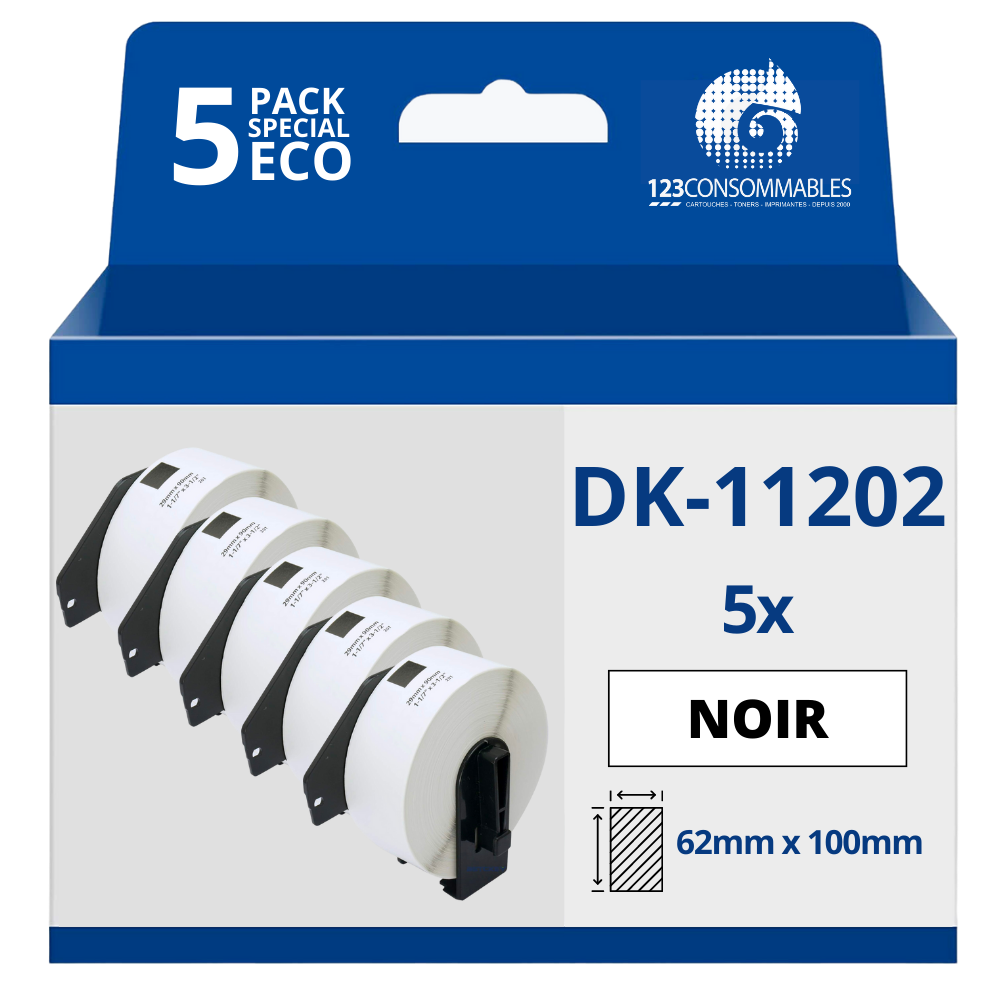 Pack de 5 Rouleaux Etiquettes compatible BROTHER DK-11202 étiquettes de transport 62mm x 100mm
