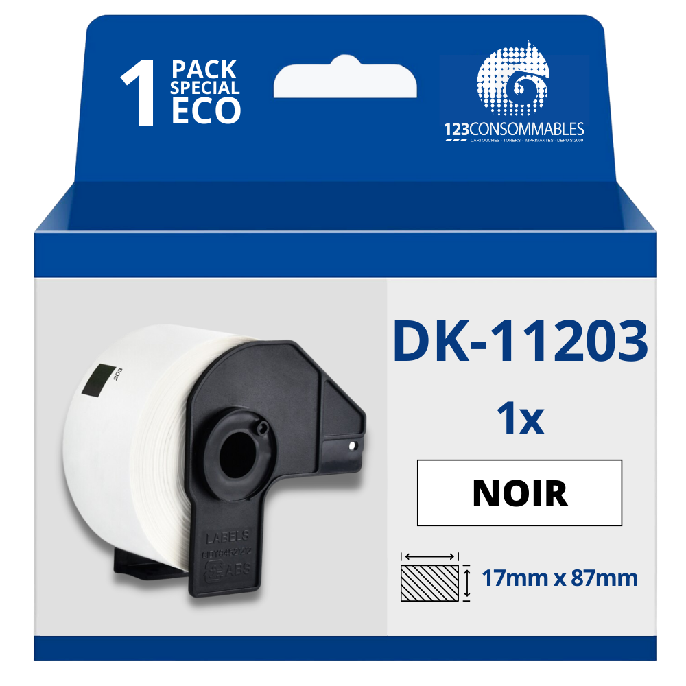Étiquettes compatibles Brother DK11203 - 17x87 mm - 300 unités - Texte noir sur fond blanc