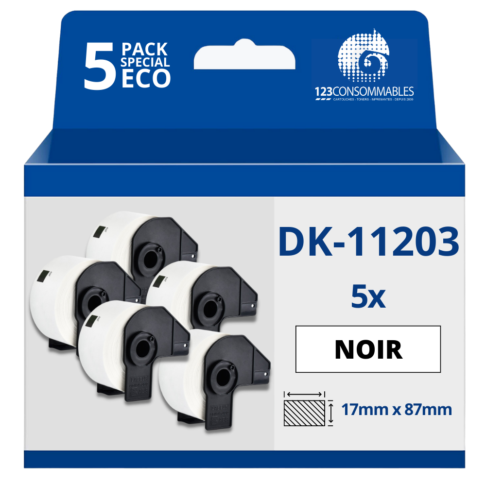 Pack de 5 Rouleaux Étiquettes prédécoupées pour dossiers compatible avec BROTHER DK-11203  - 17x87 mm - 300 unités - Texte noir sur fond blanc