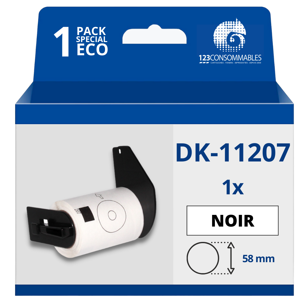 Étiquettes compatibles Brother DK11207 - circulaires pour CD/DVD - 58 mm de diamètre - 100 unités - Texte noir sur fond blanc