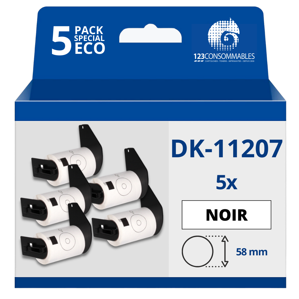 Pack de 5 Rouleaux Étiquettes pour CD/DVD circulaires prédécoupées compatible avec BROTHER DK-11207 - Diamètre 58 mm - 100 unités - Texte noir sur fond blanc