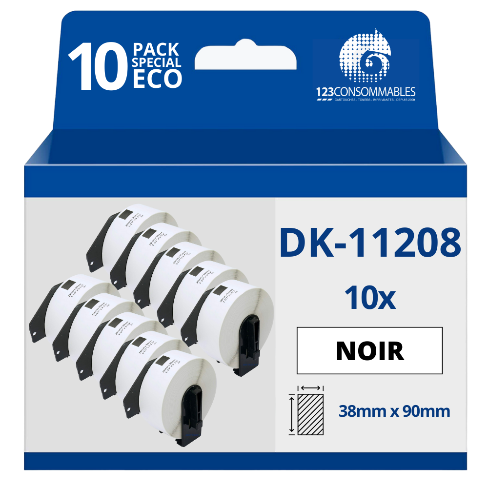 Pack de 10 Rouleaux étiquette compatible BROTHER DK-11208 grandes étiquettes d'adresse 38mm x 90mm