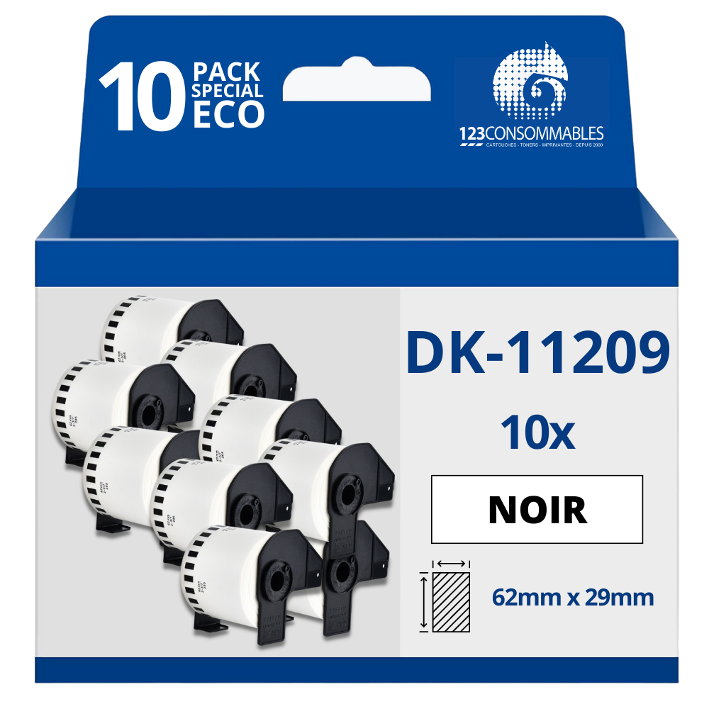Pack de 10 Rouleaux d'étiquette compatible BROTHER DK-11209 petites étiquettes d'adresse 62mm x 29 mm