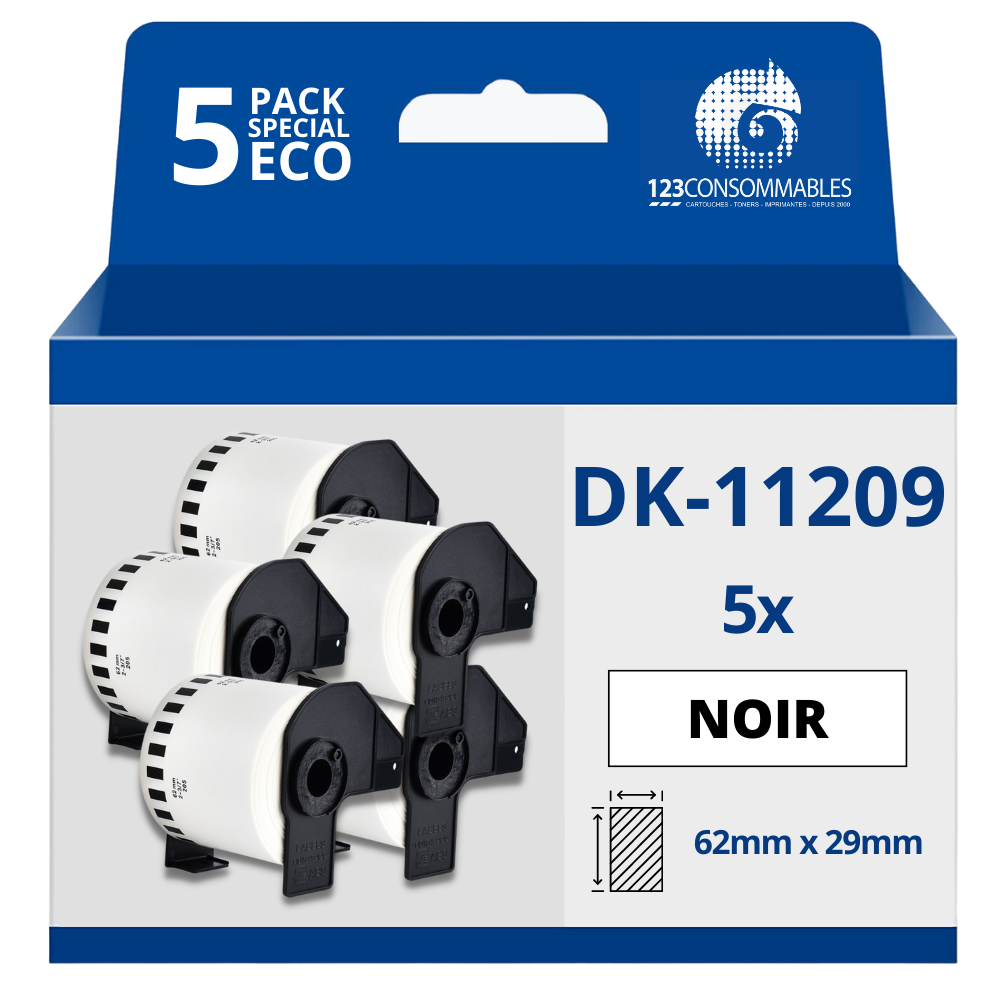 Pack de 5 Rouleaux d'étiquette compatible BROTHER DK-11209 petites étiquettes d'adresse 62mm x 29 mm