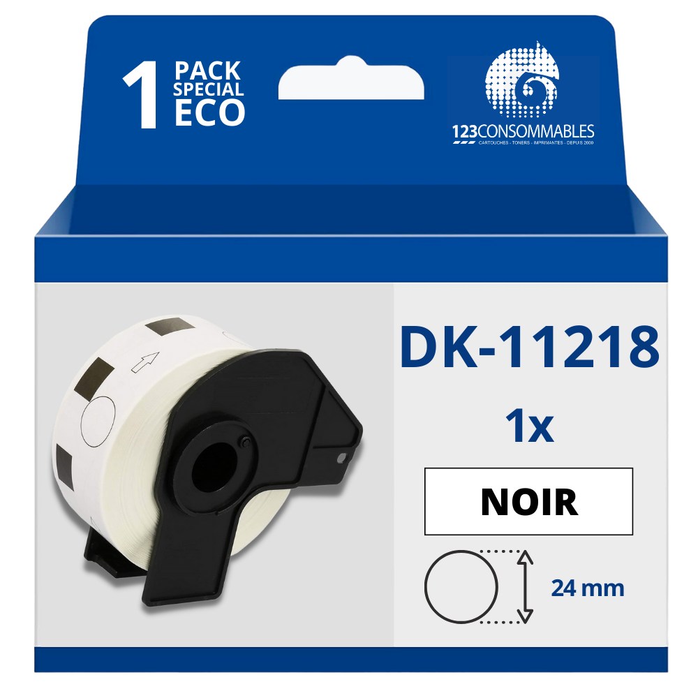 Étiquettes compatibles Brother DK11218 - Circulaires - Diamètre 24 mm - 1000 Unités - Texte Noir sur Fond Blanc