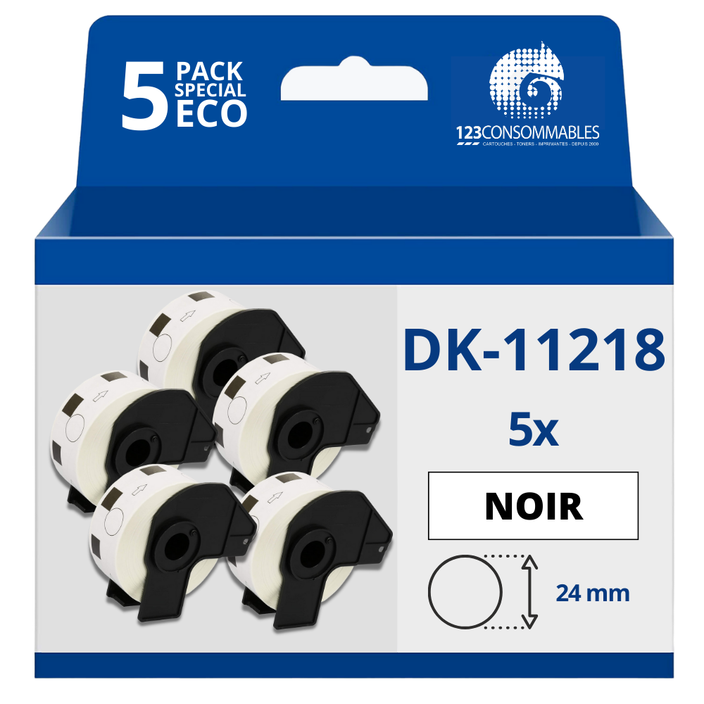 Pack de 5 Rouleaux Étiquettes circulaires prédécoupées compatible BROTHER DK-11218 - 24 mm de diamètre - 1000 unités - Texte noir sur fond blanc