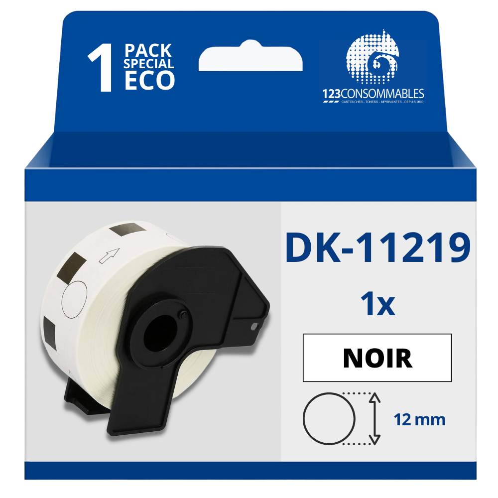 Étiquettes compatibles Brother DK11219 - Circulaires - Diamètre 12 mm - 1200 Unités - Texte Noir sur Fond Blanc