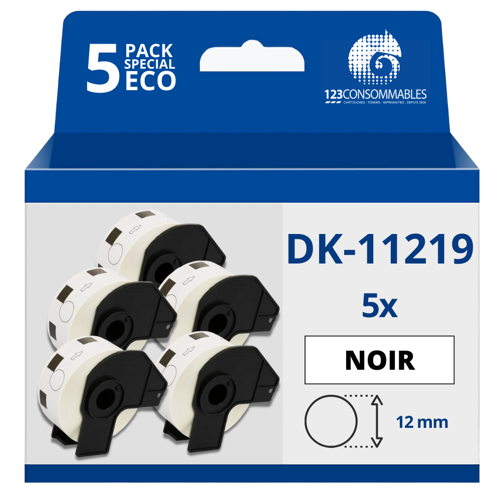 Pack de 5 Rouleaux Étiquettes circulaires prédécoupées compatible BROTHER DK-11219 - Diamètre 12 mm - Unités 1200 - Texte noir sur fond blanc