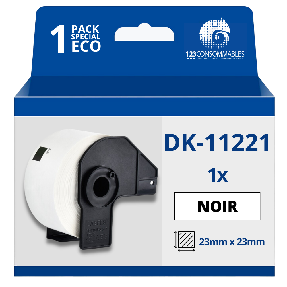 Étiquettes compatibles Brother DK11221 - 23x23 mm - 1000 unités - Texte noir sur fond blanc