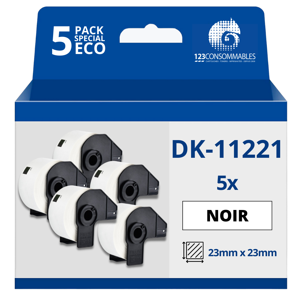 Pack de 5 Rouleaux Étiquettes carrées prédécoupées compatible BROTHER DK-11221 - 23x23 mm - 1000 unités - Texte noir sur fond blanc