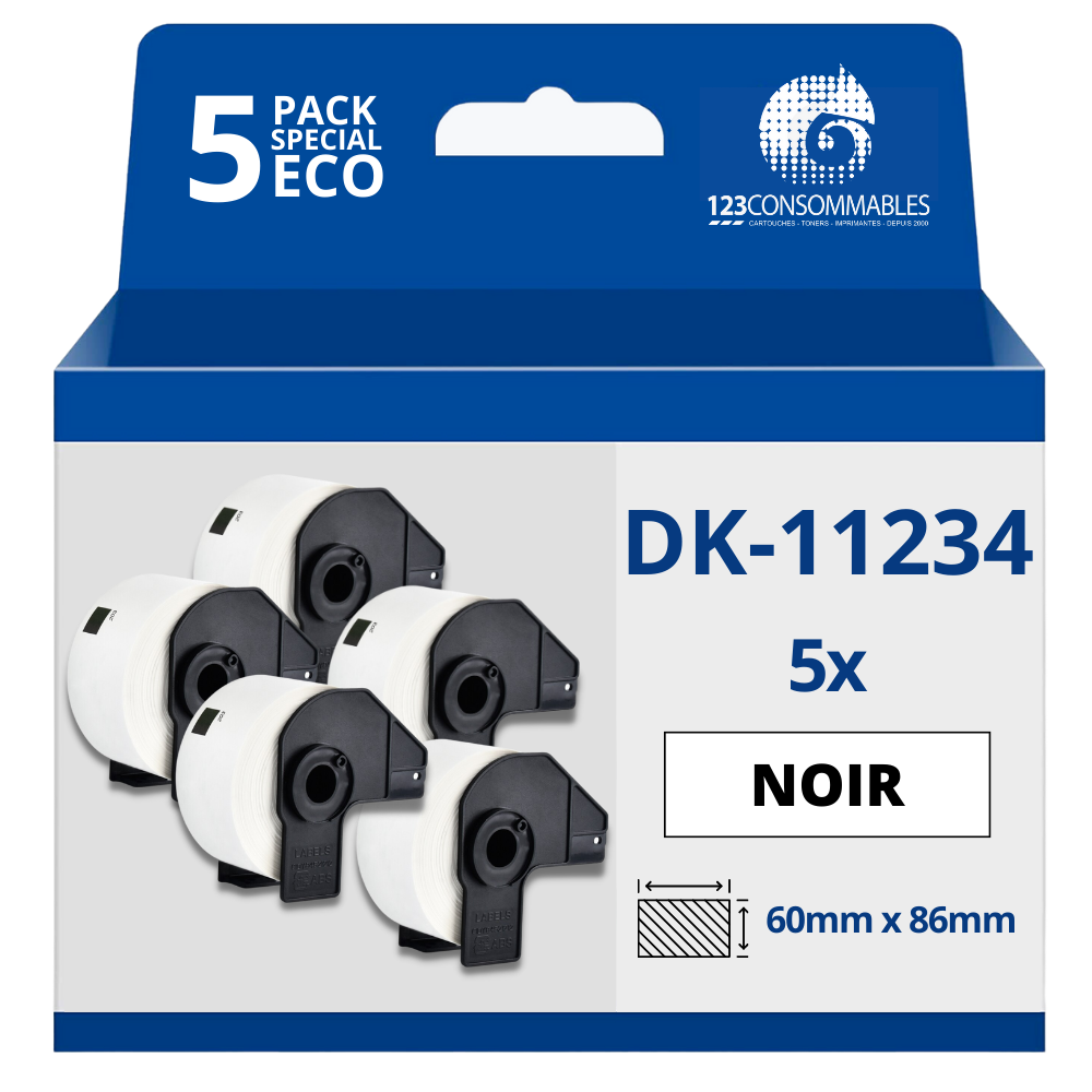 Pack de 5 Rouleaux Étiquettes d'identification prédécoupées compatible avec BROTHER DK-11234 - 60x86 mm - 260 unités - Texte noir sur fond blanc