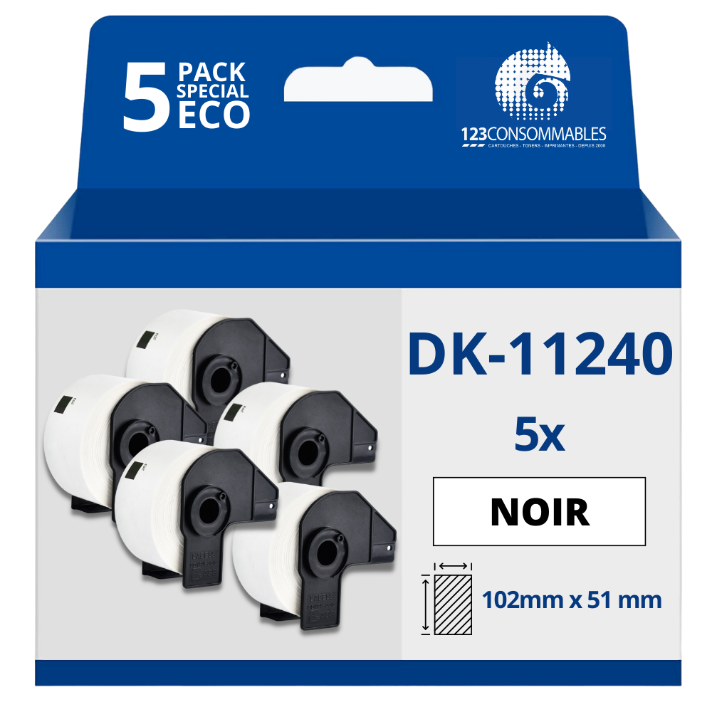 Pack de 5 Rouleaux Grandes étiquettes prédécoupées compatible BROTHER DK-11240 - 102x51 mm - 600 unités - Texte noir sur fond blanc
