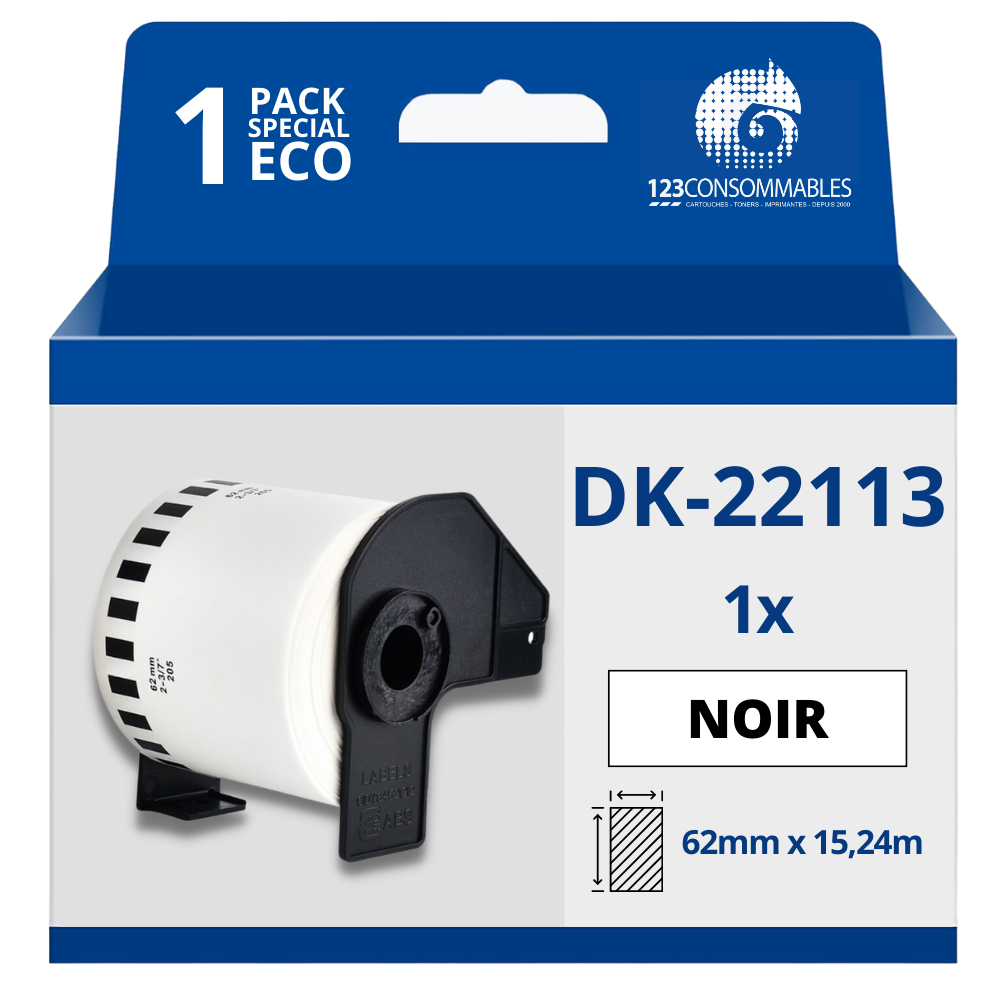 Étiquettes compatibles Brother DK22113 - Largeur 62 mm x 15,24 mètres - Texte noir sur fond transparent
