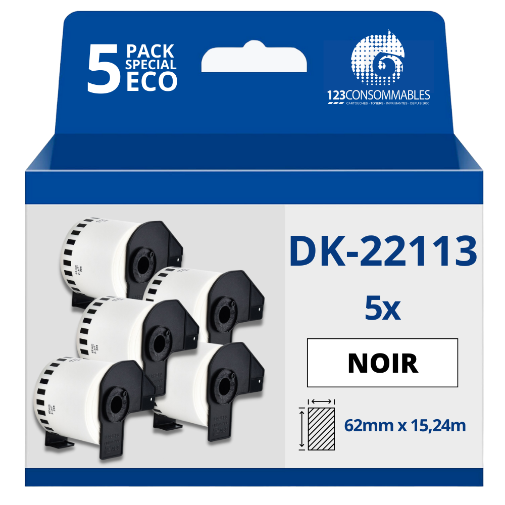 Pack de 5 Rouleaux Étiquettes compatible BROTHER DK-22113 - Largeur 62 mm x 15,24 m
