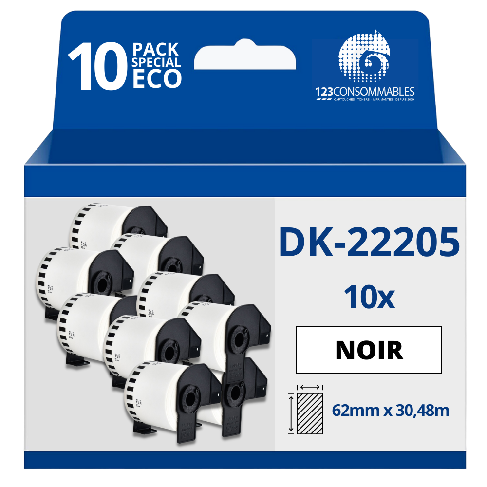 Pack de 10 Rouleaux Étiquettes compatible avec BROTHER DK-22205 - Largeur 62 mm x 30,48 mètres - Texte noir sur fond blanc